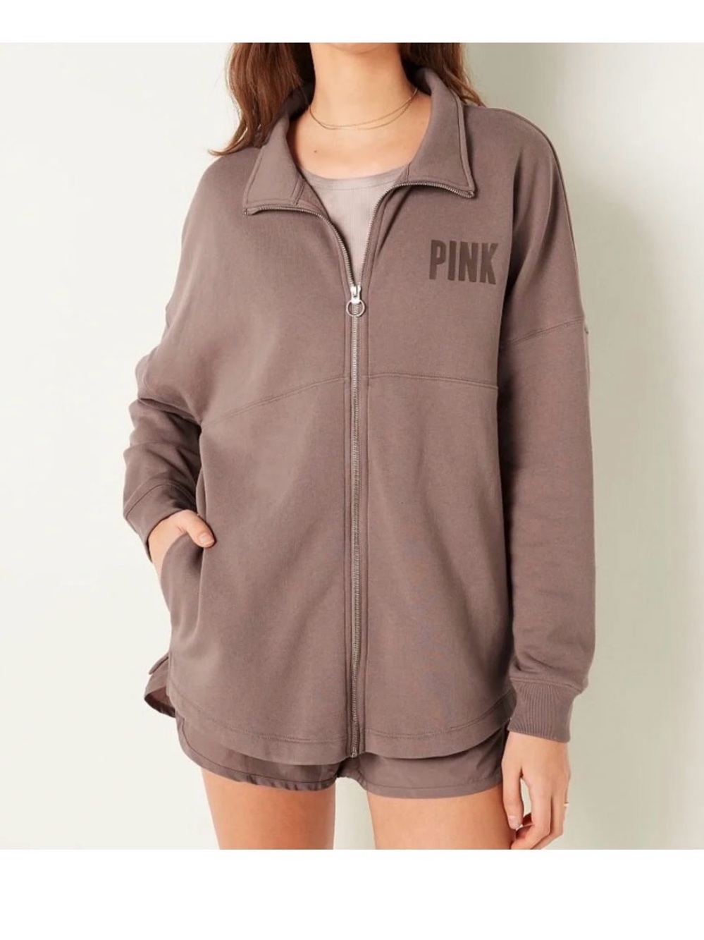 PINK Victoria's Secret Relaxed Zip-Up Bomber Jacket in Taupe